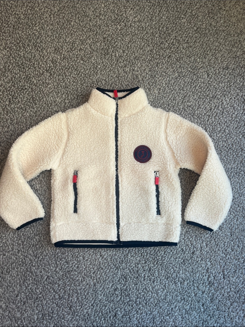 JACADI  Cream Sherpa Zip Jacket with Navy Trim NEW